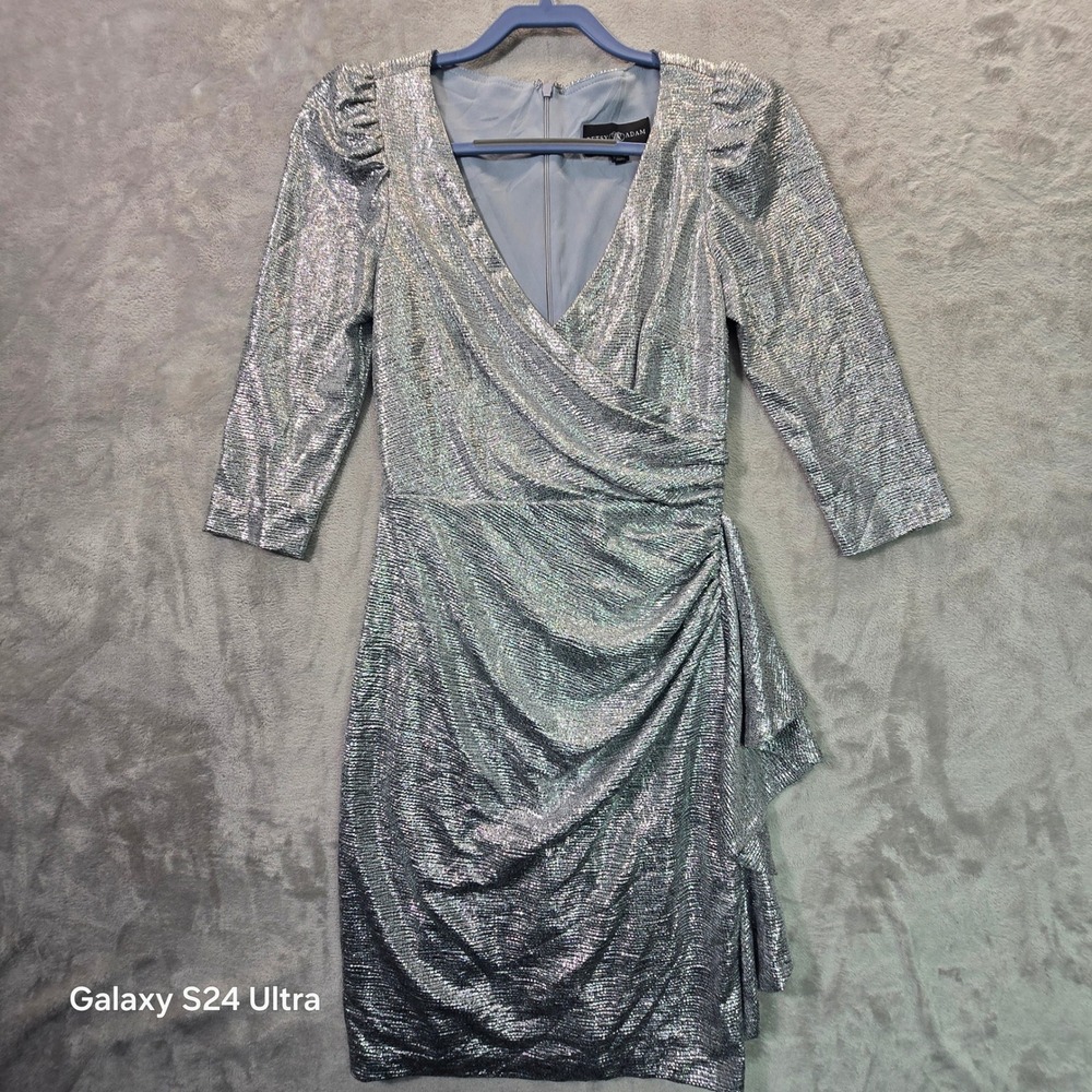 Betsy & Adam Silver Metallic Ruched Asymmetrical Cocktail Dress A22635 Size 4